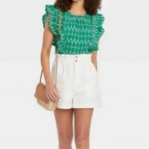 Universal Thread Embroidered Top Size L Green White Stitching Ruffle Cap Sleeves